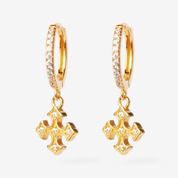 Petite pavé hoop 18ct yellow gold earrings with sparkling cubic zirconia Armenian crosses  Zoe Laboure