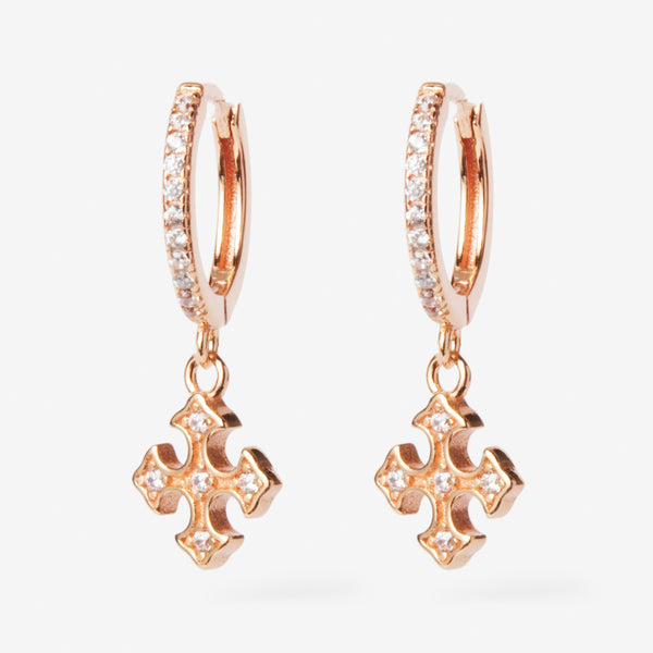 Petite pavé hoop 18ct rose gold earrings with sparkling cubic zirconia Armenian crosses  Zoe Laboure