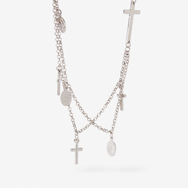 Delicate double trace sterling silver chain bracelet featuring the Miraculous medal entwined with crosses by Zoe Laboure