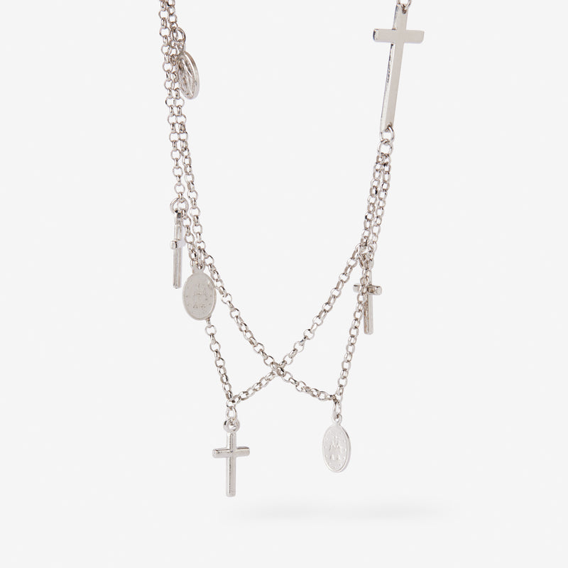 Delicate double trace sterling silver chain bracelet featuring the Miraculous medal entwined with crosses by Zoe Laboure